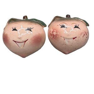 Vintage Anthropomorphic Fruit Japan Ceramic Peach Face Salt Pepper Shakers READ